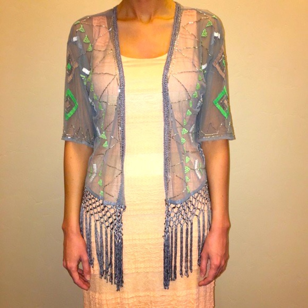 Hazel Grey Beaded Fringe Kimono size M